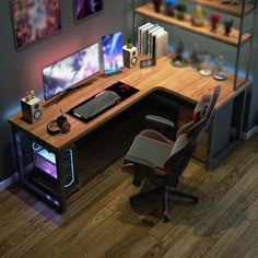 a computer desk with a monitor, keyboard and mouse on it in front of a bookshelf