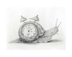 a pencil drawing of a snail with a clock on its back and two bells sitting on top of it