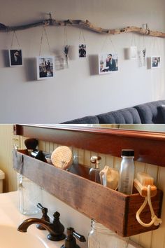 a bathroom sink with pictures hanging on the wall