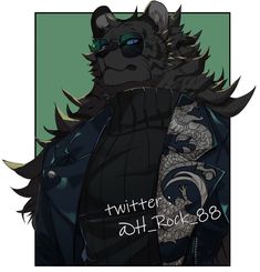 a drawing of a bear wearing sunglasses and a jacket with the words written on it