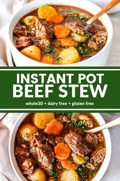 instant pot beef stew with carrots, potatoes and parsley in a white bowl