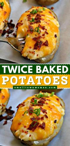 twice baked potatoes with bacon and cheese on top are shown in three different pictures, one has a fork sticking out of it