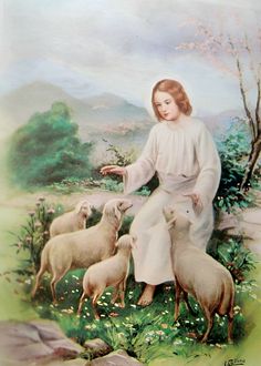 a painting of jesus with sheep in a field