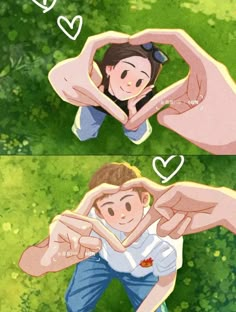 two cartoon images with the same person holding their hands up to each other and pointing at them