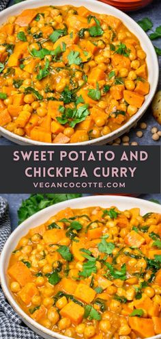 two bowls filled with sweet potato and chickpea curry