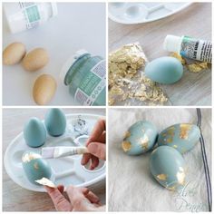 the process of painting eggs with gold leafy paint and some other things to use