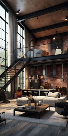 a living room filled with lots of furniture and large windows next to a stair case