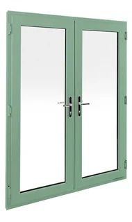 a green double door with two windows on each side and an open window in the middle