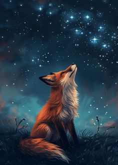 a fox sitting in the grass looking up at the stars