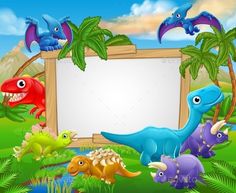 an empty sign surrounded by dinosaurs in the jungle - animals characters, objects & objects