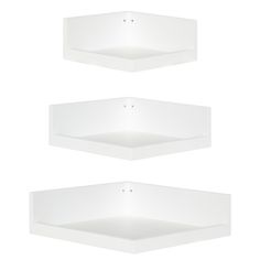 three white shelves are shown against a white background, one is empty and the other has two