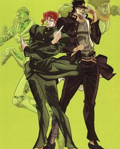 two anime characters are standing next to each other in front of a green background and one is holding his arm around the other