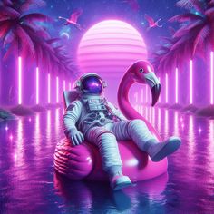 an astronaut sitting on a pink flamingo floating in the water