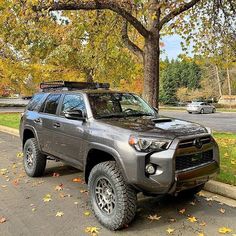 a gray truck parked on the side of a road next to a tree with leaves all over it