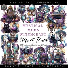 a bunch of different items that are in front of a white background with the words,'mythical moon witchcraft clipart pack '