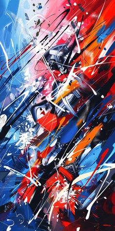 an abstract painting with red, white and blue colors