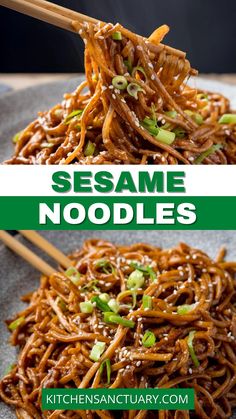 sesame noodle stir fry with chopsticks in it and the words sesame noodles on top