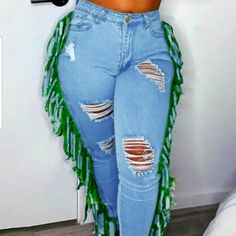 Lovely Fringe Jean's Size Xl Runs Small..More Like A L 15" Across Stretches To 17" Not Fashionnova Just Sharing..These Are A Show Stopper Casual Blue Jeans For Party, Fringe Jeans, Blue Jean Outfits, Patchwork Jeans, Denim Joggers, Fashion Nova Jeans, 50 Fashion, Colored Jeans, Blue Fashion