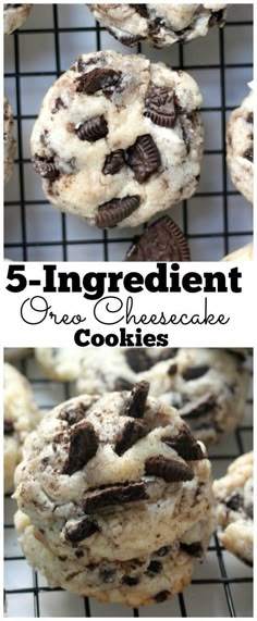 cookies with chocolate chips and oreo cookies on top, the title reads 5 ingredient oreo cheesecake cookies