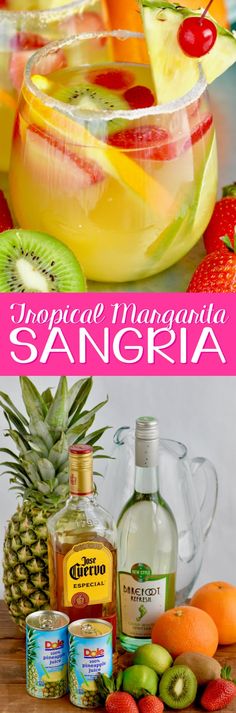 tropical mango sangria with fresh fruit in the background