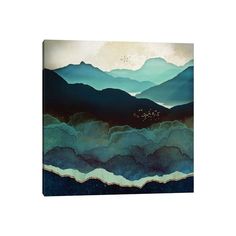 an abstract painting with mountains in the background