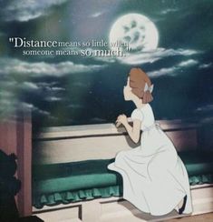 an animated image of a woman sitting on a bench in front of a full moon