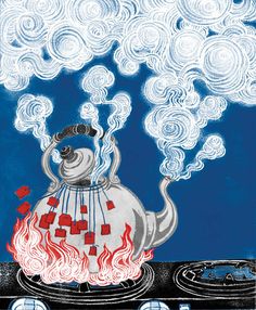 a drawing of a tea pot on top of a stove with flames coming out of it