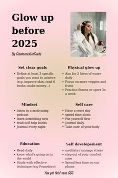 Use this checklist for an extreme glow up before 2025! 
If using my pin, please credit me!!

// glow up, glow up tips, glow up checklist, glow up routine, glow up 2025, new year glow up, glow up before 2025, mental glow up, physical glow up, that girl, clean girl, self developement, self improvement // Glow Up Before 2025, Glow Up For 2025, Overnight Glow Up Checklist, New Year Glow Up, Glow Up Daily Routine, Winter Break Glow Up, How To Glow Up Mentally, Physical Glow Up Checklist, How To Glow Up Overnight