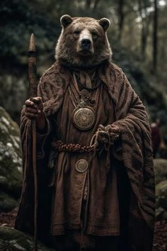 a man dressed as a bear in the woods