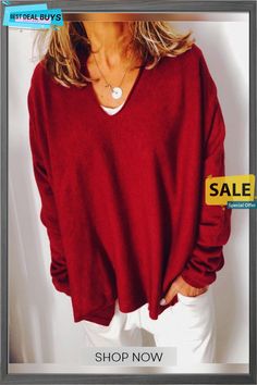 Red Long Sleeve Casual Shirts & Tops Red Solid Color V-neck Top, Plain V-neck Top For Fall, Winter V-neck Top, Red Long Sleeve Plain Top, Red Plain Long Sleeve Tops, Casual Red Tops For Fall, Red Relaxed Fit Winter Sweater, Red Crew Neck Sweater Solid Color, Red Crew Neck Sweater With Solid Color