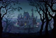 an animated castle in the middle of trees with no leaves on it at night time