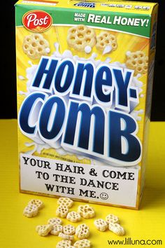 a box of honey - comb cereal sitting on top of a yellow table with the words, your hair & come to the dance with me