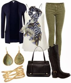 Olive green skinny jeans | HOWTOWEAR Fashion Black Boots Outfit, Navy Blue Cardigan, Wear Green, Blue Cardigan, Pants Blue, Green Pants, Fall Winter Outfits, Autumn Winter Fashion