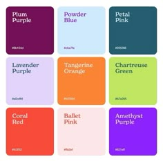 the color scheme for different shades of pink, purple, and orange in various colors