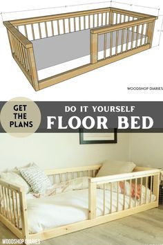 an image of a wooden bed with the words do it yourself floor bed