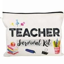 a white zippered bag with the words teacher survival kit on it and school supplies