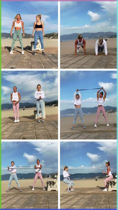 multiple pictures of people doing different poses on the beach