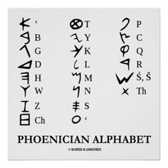 an ancient alphabet poster with the names of all letters in black and white, on a white background