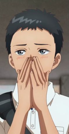 an anime character covering his face with both hands