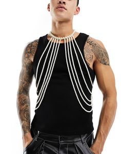 Gifts by ASOS DESIGN Basket-worthy find Faux-pearl embellishment Adjustable length Lobster clasp Alt Suit, Male Body Jewelry, Body Harness Outfits, Body Harness Jewelry, Pearl Outfit, Harness Fashion, Pearl Embellishment, Space Fashion, Body Harness