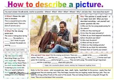 a man and woman sitting next to each other in front of a sign that says how to describe a picture