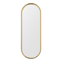 a large gold framed mirror on a white background, with the reflection of an oval frame