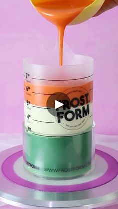 a person pouring orange juice on top of a stack of papers with the words post form