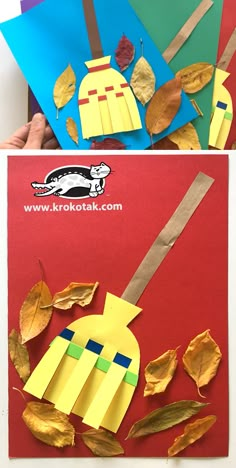 two pictures with different types of paper and leaves on them, one is cut out to look like a bird