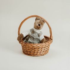 a teddy bear sitting in a wicker basket