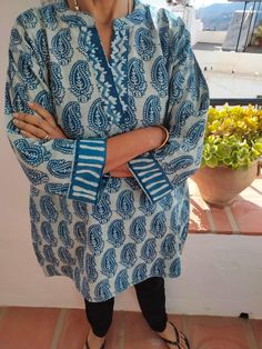 Indigo cotton tunic Spring Cotton Tunic With Block Print, Spring Long Sleeve Cotton Kaftan, Spring Indigo Cotton Kurta, Relaxed Fit Tunic For Vacation, Blue Block Print Straight Kurta Top, Indigo Bohemian Cotton Blouse, Bohemian Indigo Cotton Blouse, Summer Cotton Printed Tunic, Summer Printed Cotton Tunic