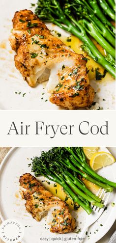 two photos of chicken and asparagus on a plate with the words air fryer food