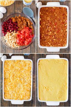 four images showing the steps to make an enchilada casserole recipe