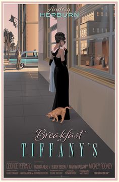 an advertisement for breakfast at tiffany's with a woman in black dress and cat