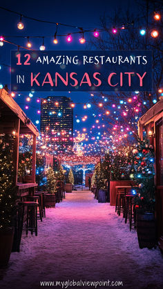 A magical holiday-themed restaurant path in Kansas City adorned with vibrant string lights, snow-covered walkways, and festive decor, showcasing one of the city's unique dining experiences. Country Club Plaza Kansas City, Kansas City Restaurants, Vacay Spots, Amazing Restaurants, City Adventure, Country Club Plaza, Overland Park Kansas, Global Cuisine, Unique Restaurants